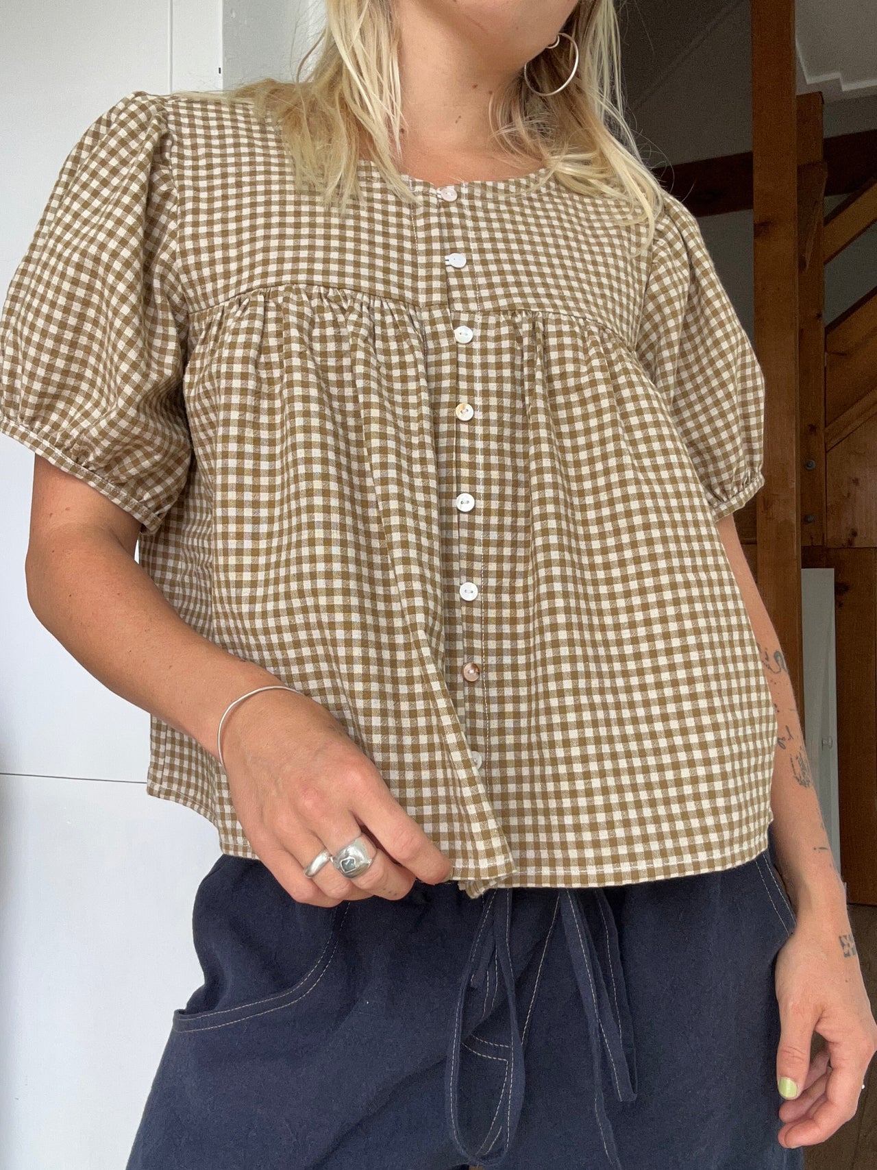 Babydoll Blouse Olive Gingham